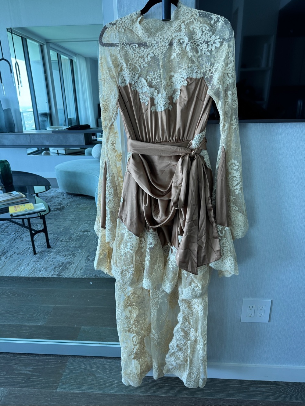 Designer-style Long Sleeve Draped Lace & Silk Satin High-Low Dress